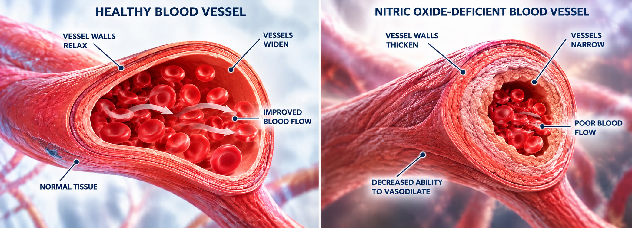 Healthy blood vessel with relaxed walls and improved blood flow beside a nitric oxide-deficient vessel with thickened walls, narrowed lumen, and poor blood flow.